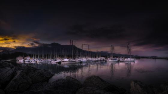 港湾船泊夜景电脑桌面高清壁纸